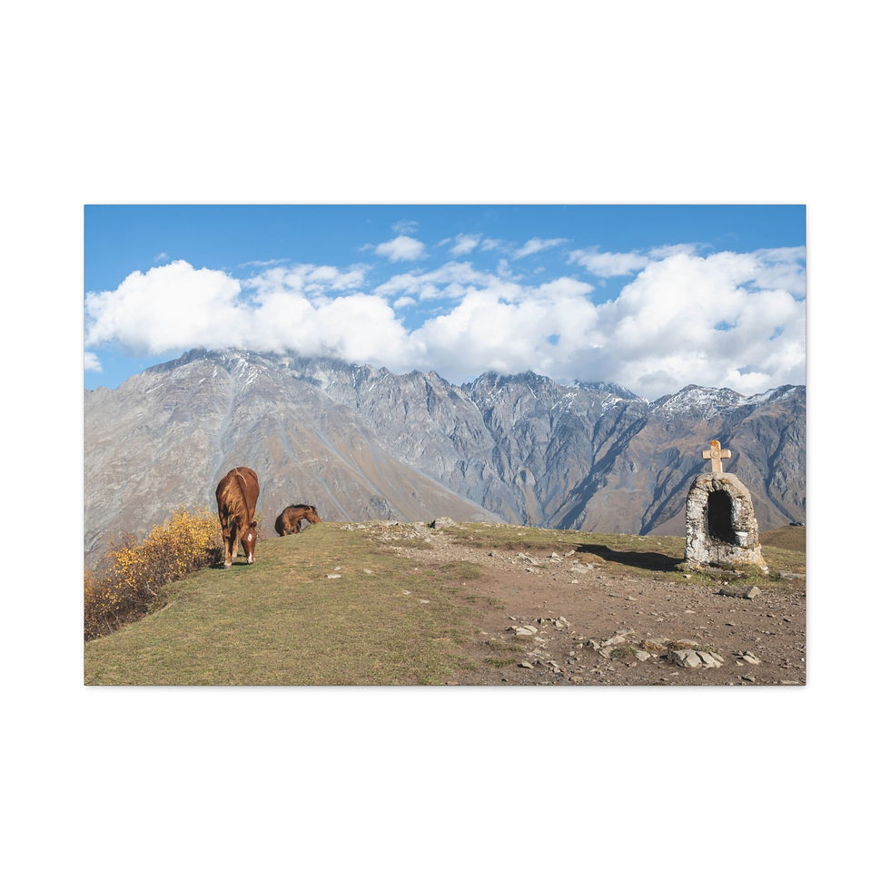 Thumbnail: Brown horses grazing, mountain shrine. Canvas Wall Art | Georgia's Mountain Horses.