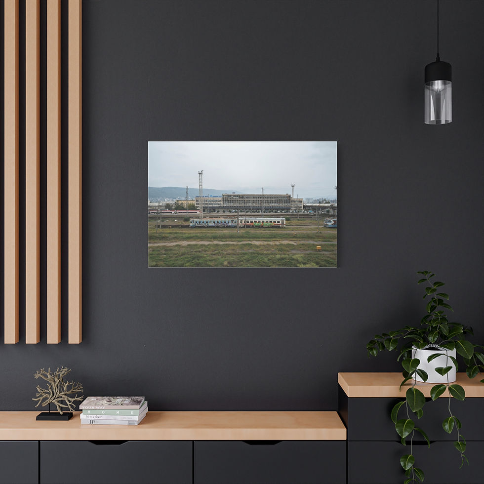 Thumbnail: Industrial factory landscape canvas print on dark wall, wooden console below.