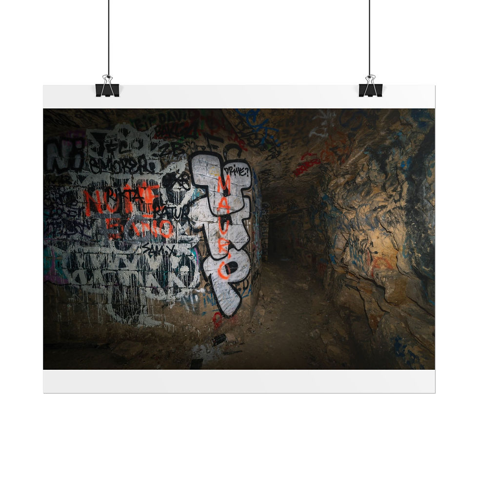 Thumbnail: Dark, narrow tunnel passage with "STOP" graffiti covering rough walls.