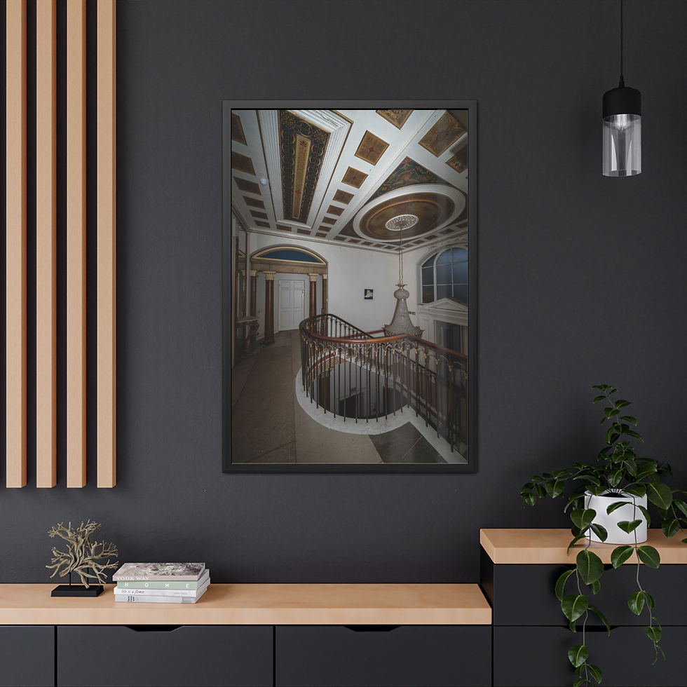 Thumbnail: Framed art print of an ornate abandoned building's grand staircase and ceiling.
