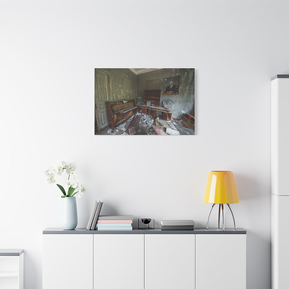 Thumbnail: Framed print shows an abandoned, debris-filled room with a hanging portrait.
