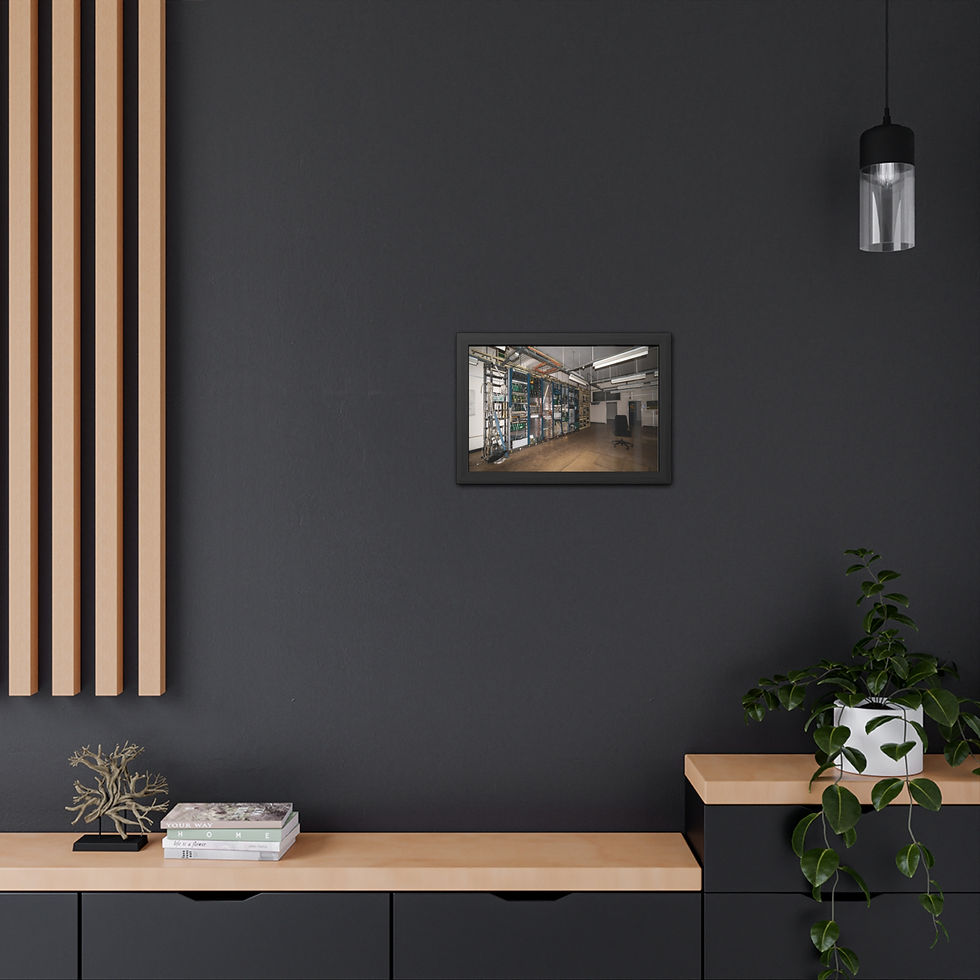 Thumbnail: Framed artwork on dark wall above modern wooden cabinet with plant.