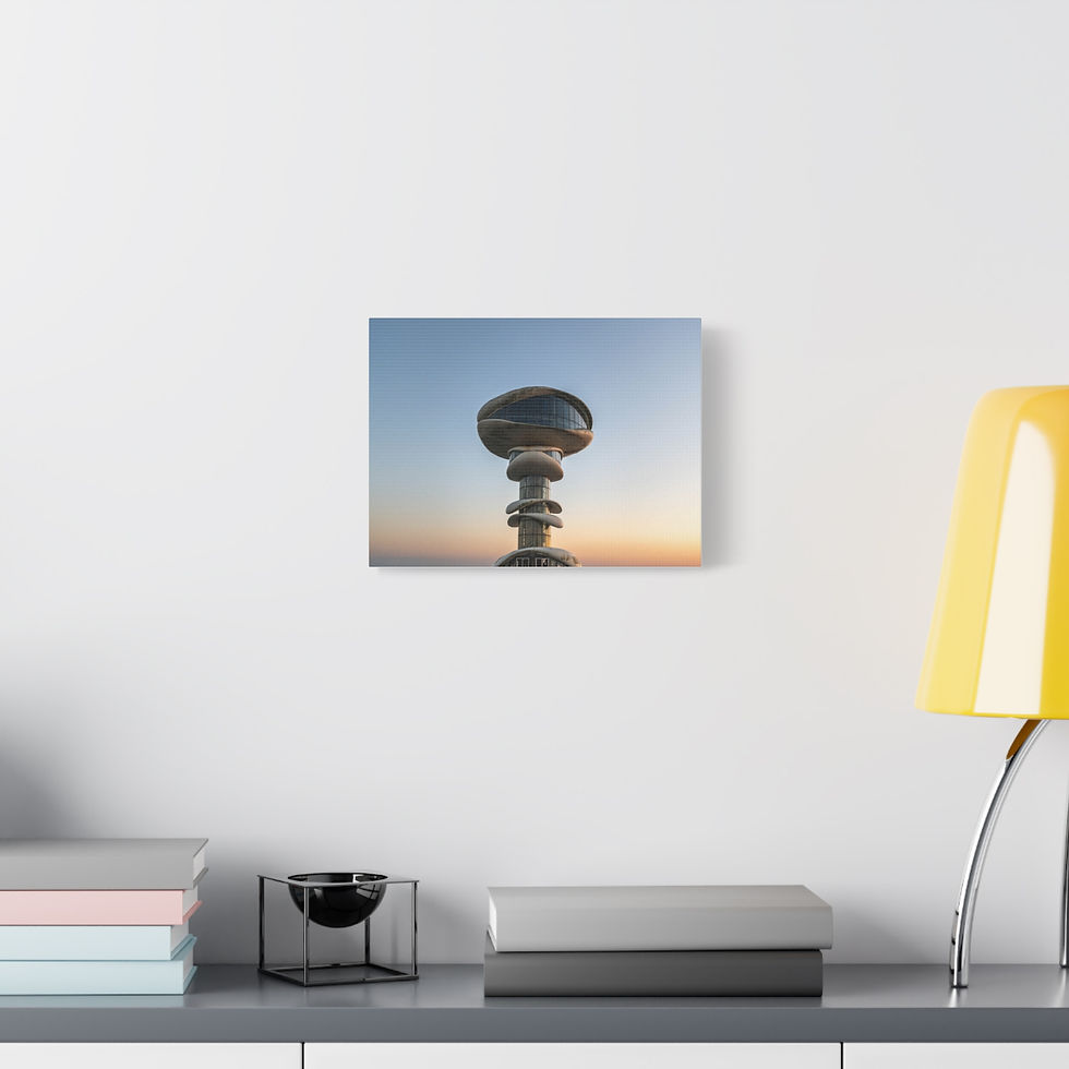 Thumbnail: Canvas print of a modern, multi-tiered structure against a colorful sunset sky.