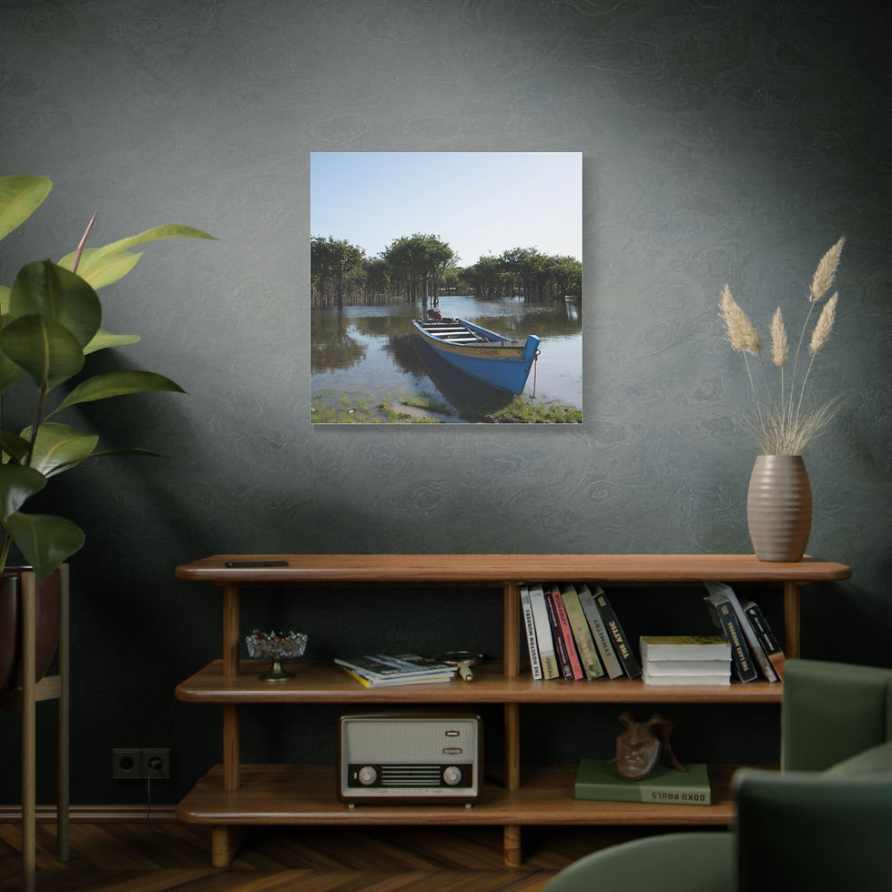 Thumbnail: Serene blue boat on water in framed art on dark wall.