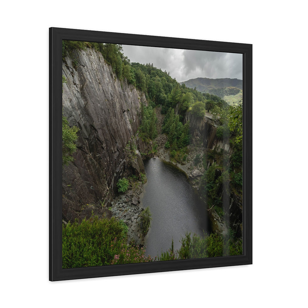 Thumbnail: Framed print of a deep, dark quarry lake with rocky cliffs.