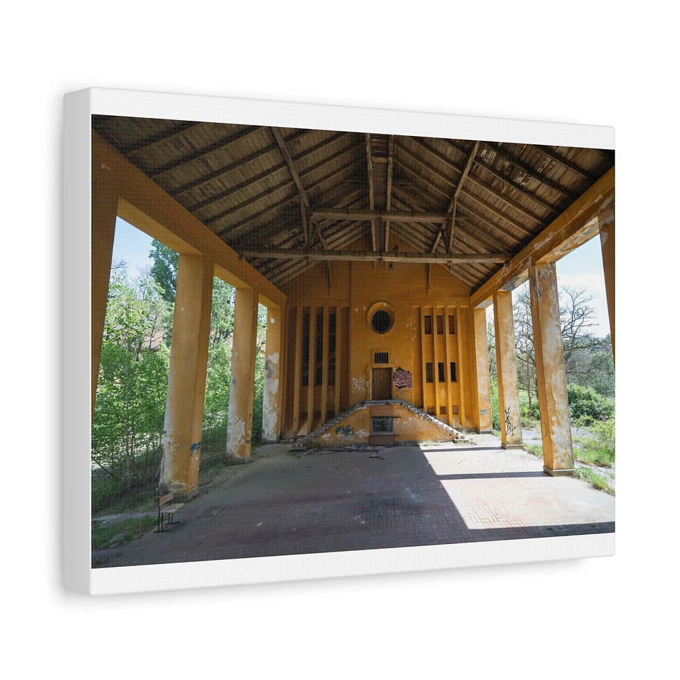 Thumbnail: Abandoned yellow pavilion with large columns and wooden roof structure.