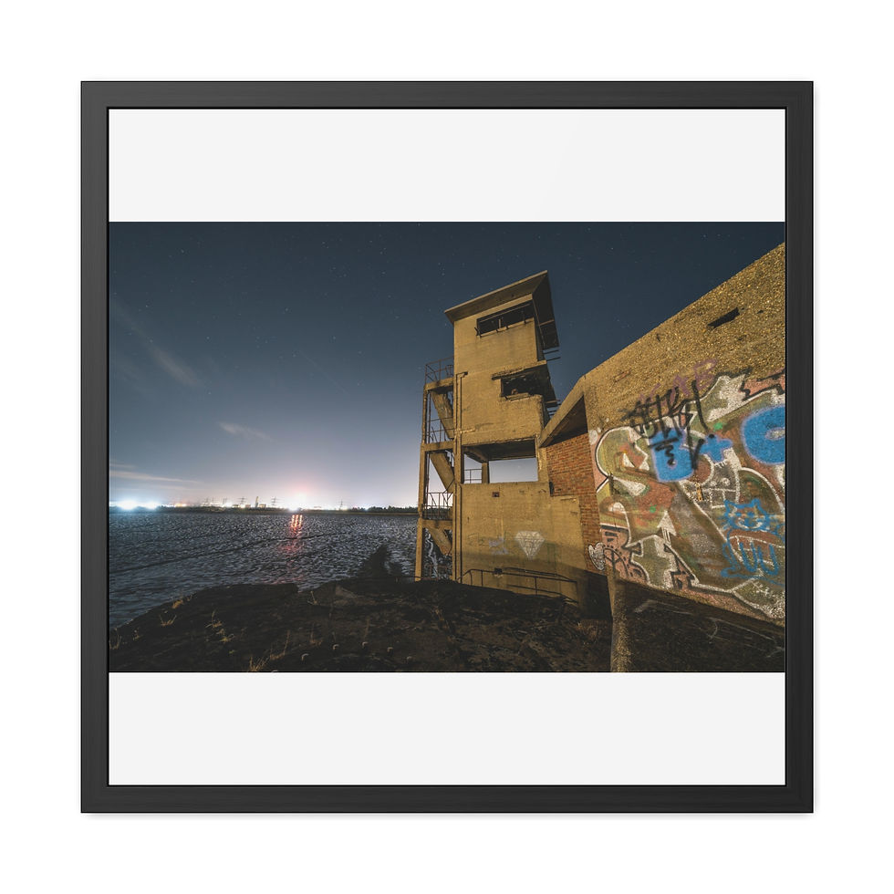 Thumbnail: Abandoned concrete building with graffiti at night by moonlit ocean.