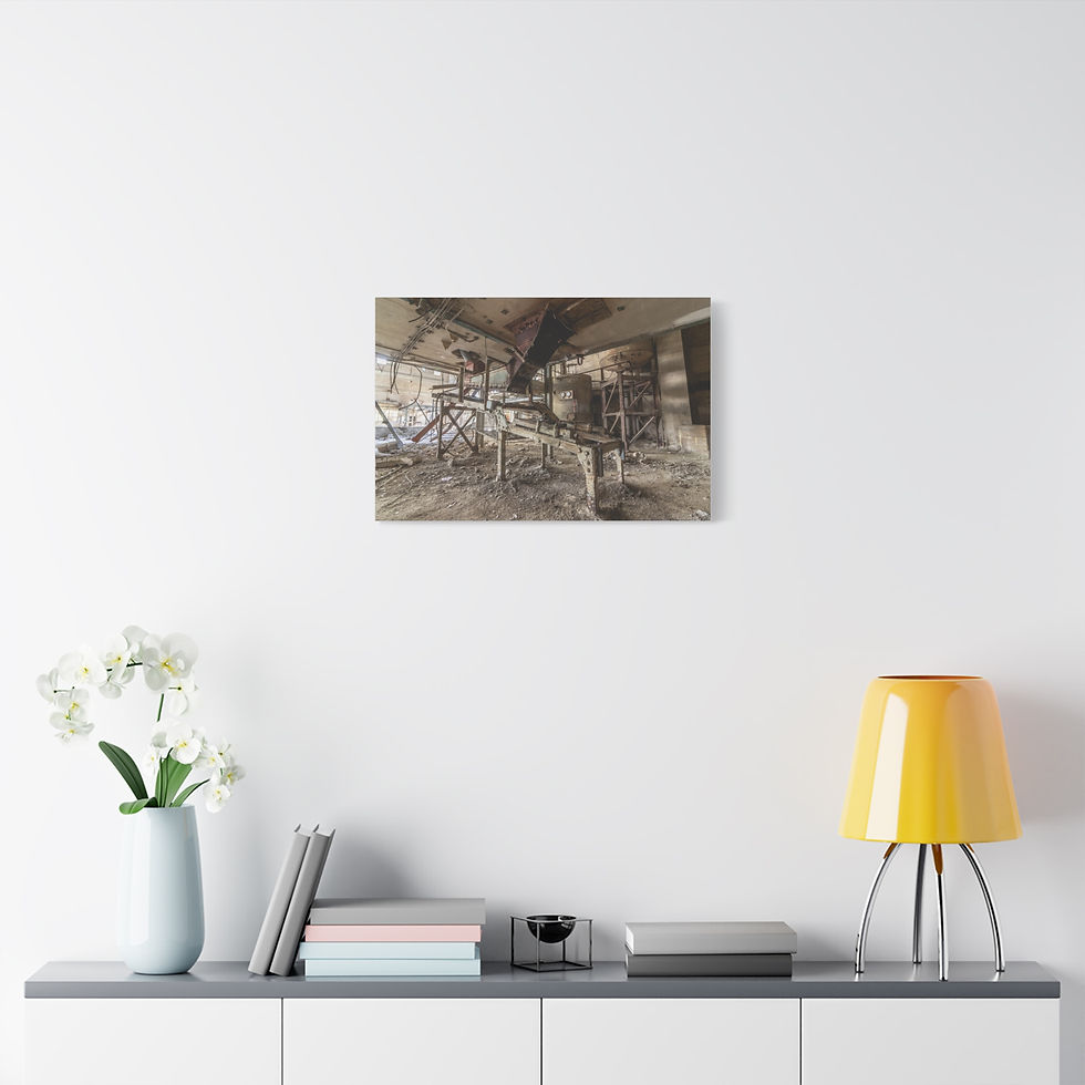 Thumbnail: Sepia-toned canvas print of an abandoned industrial building with machinery.