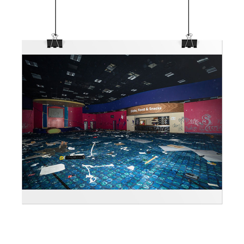 Thumbnail: Abandoned bingo hall interior with 'Bar & Snack Lounge' sign, debris on floor.