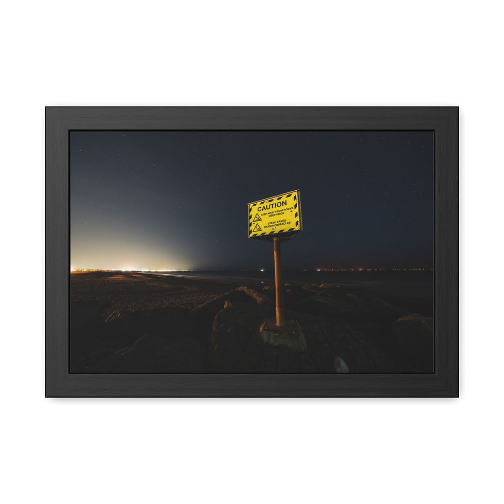 Thumbnail: Framed picture, yellow warning sign "VORSICHT LEBENSGEFAHR" on pole at night.