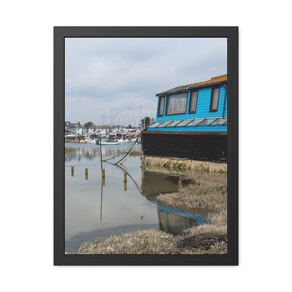Thumbnail: Framed poster of blue houseboat on River Adur, Shoreham, Sussex.