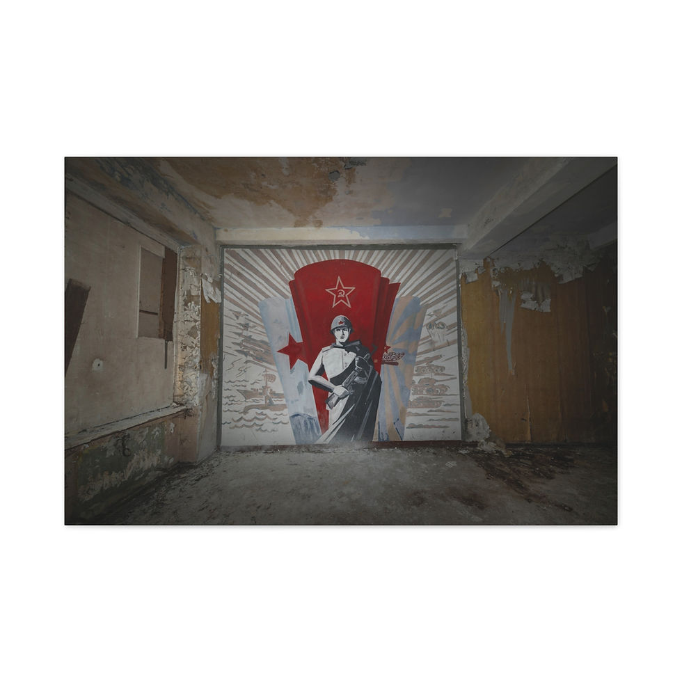 Thumbnail: Abandoned room features decaying Soviet-era propaganda mural with star and hammer-sickle.