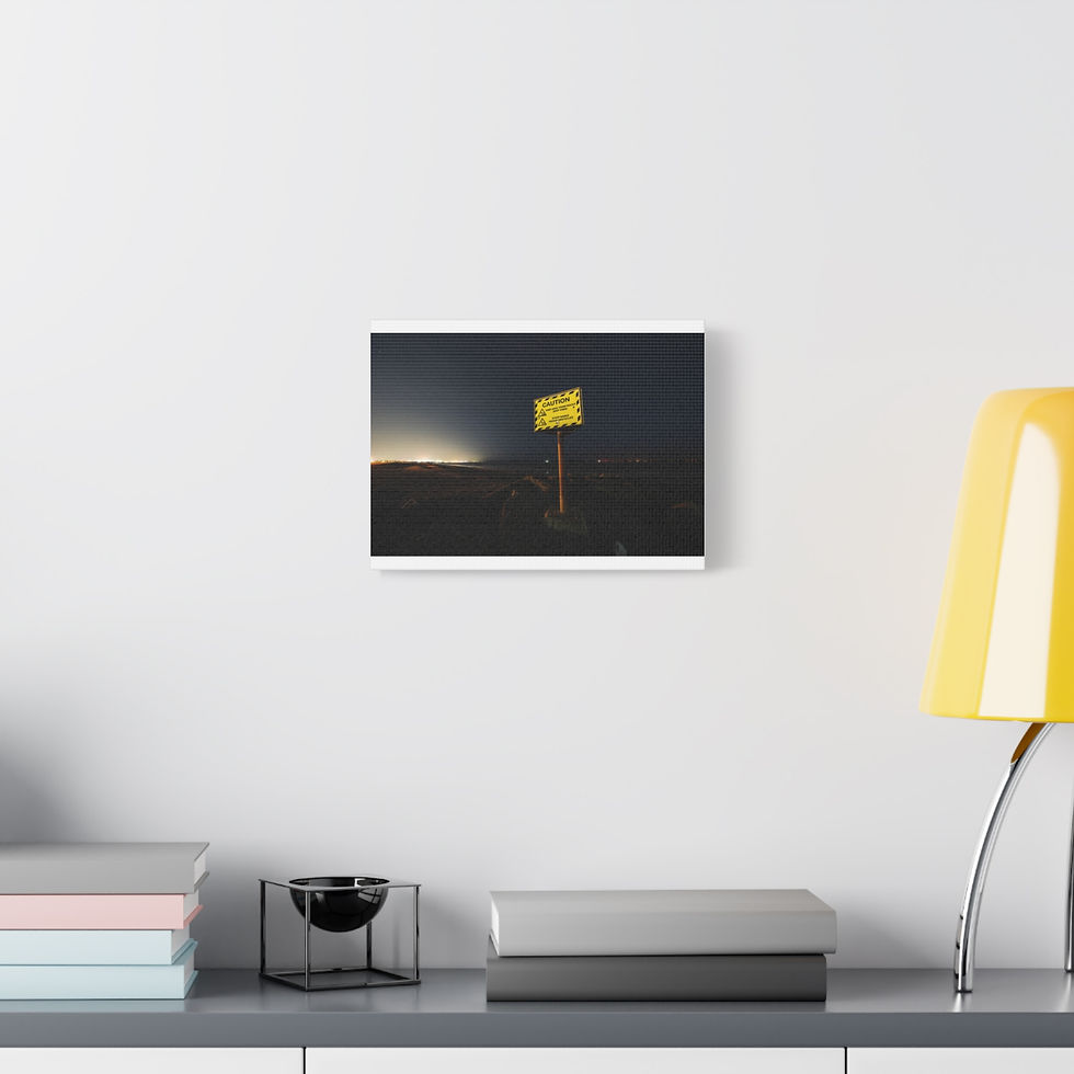 Thumbnail: Canvas print features a yellow warning sign on a dark, desolate road.