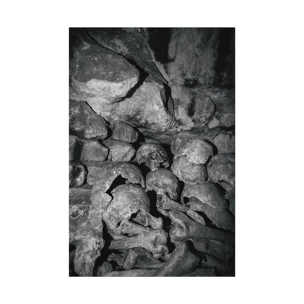 Thumbnail: Stacked human skulls and bones forming a dark catacomb wall.