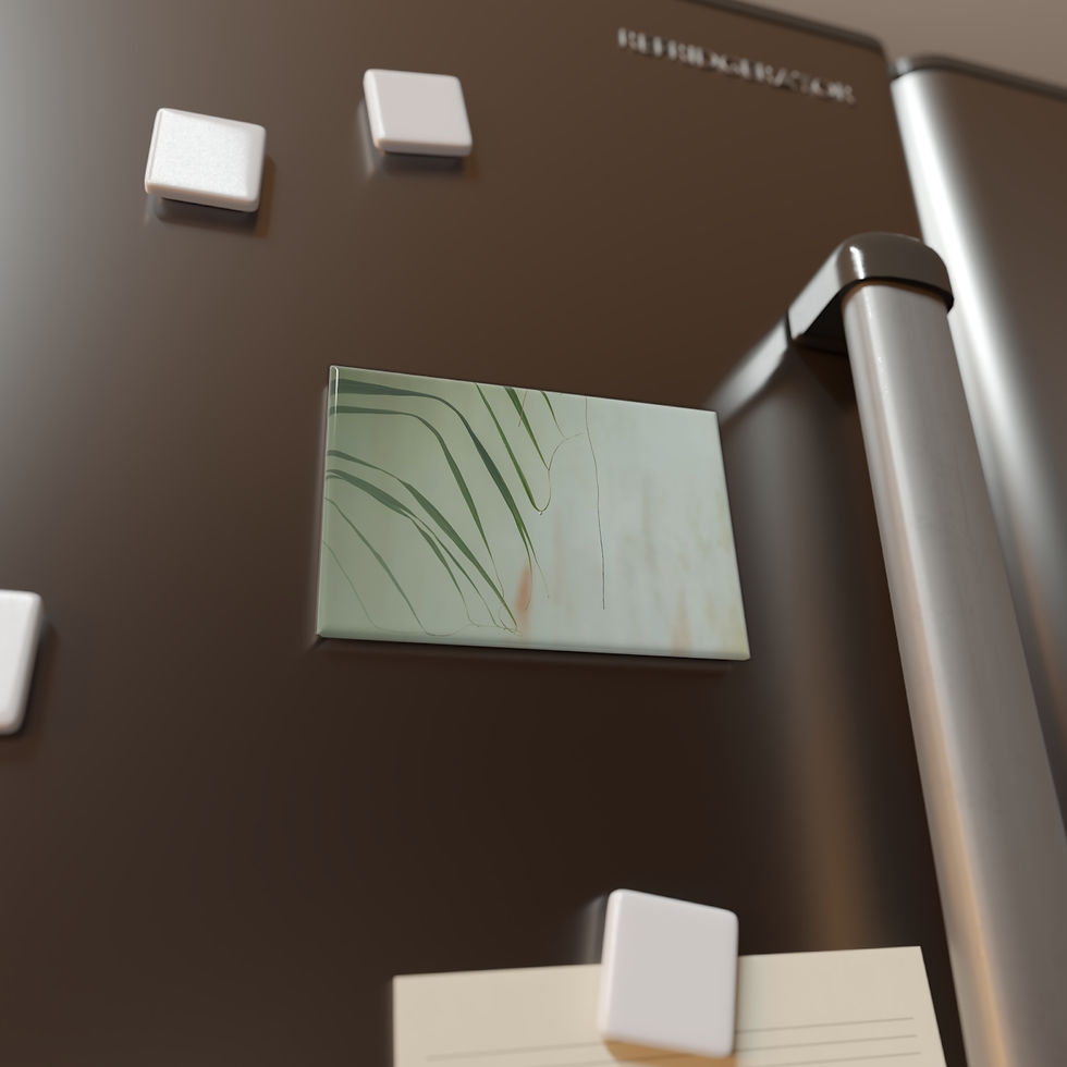 Thumbnail: Dark refrigerator door with white magnets holding abstract green artwork.
