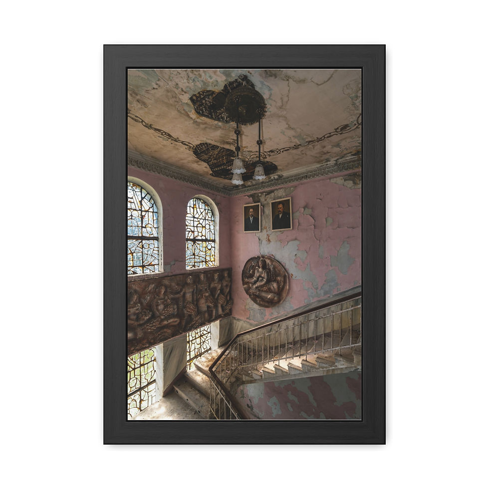 Thumbnail: Abandoned ornate staircase, crumbling pink walls, and dusty chandelier in old building.