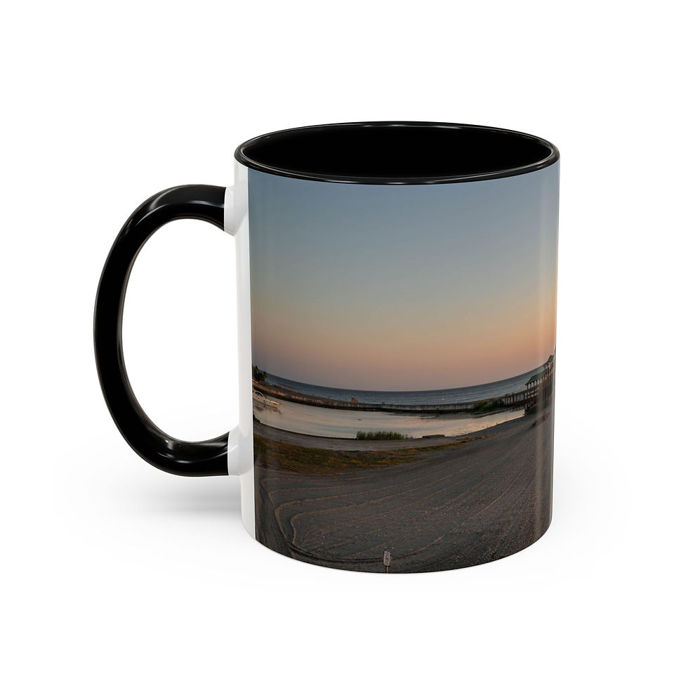 Thumbnail: Black and white coffee mug displaying a peaceful beach sunset scene.