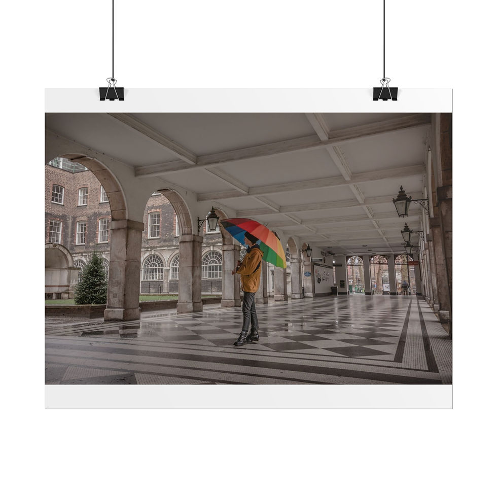 Thumbnail: Person with rainbow umbrella under arches. Poster Print | Under the Arches, Central London Wall Art.