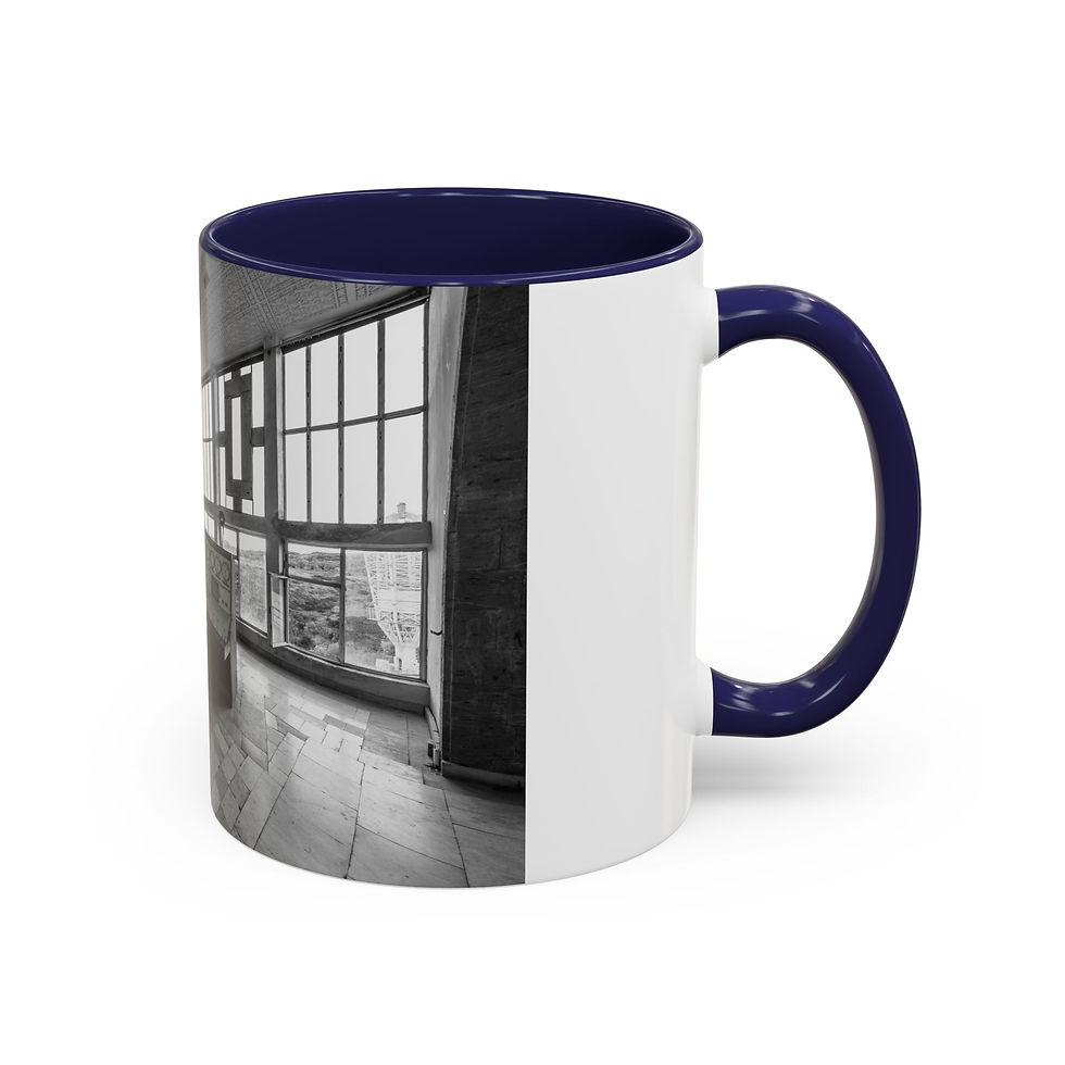Thumbnail: White and navy blue coffee mug with modern black and white interior photo.