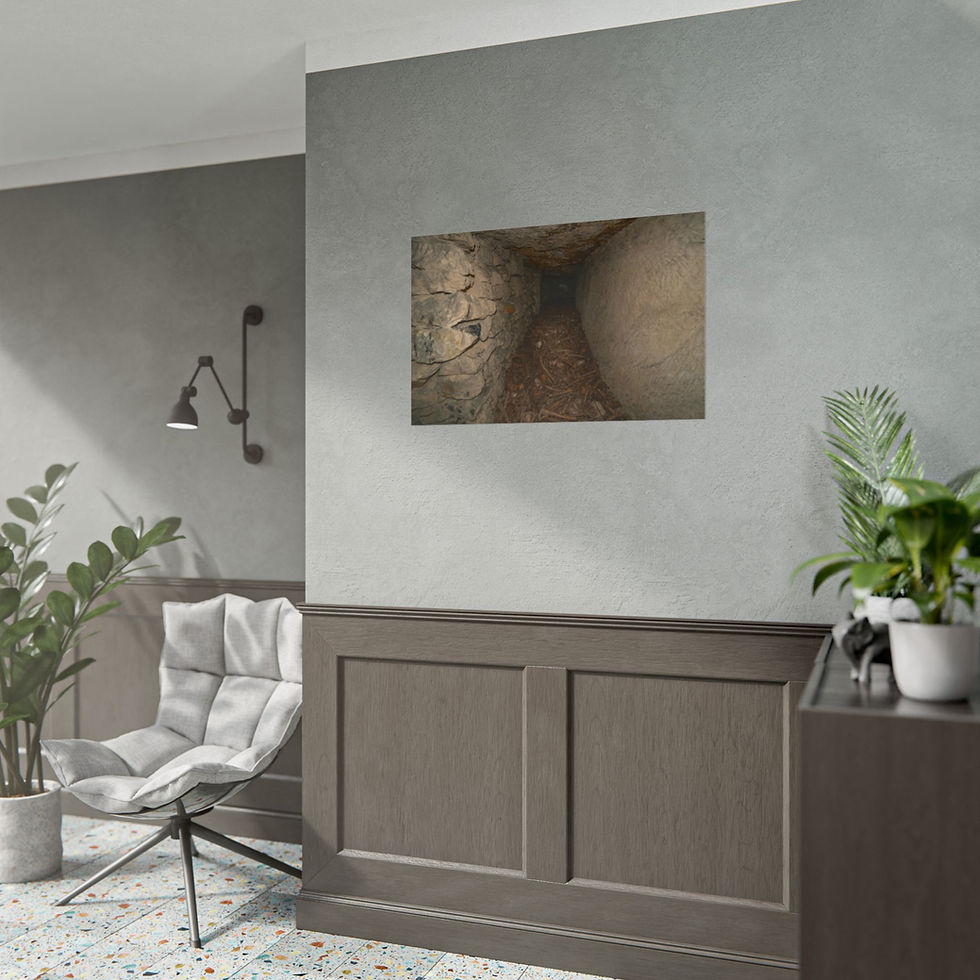 Thumbnail: Abstract art print of a dark, textured tunnel in a modern room.