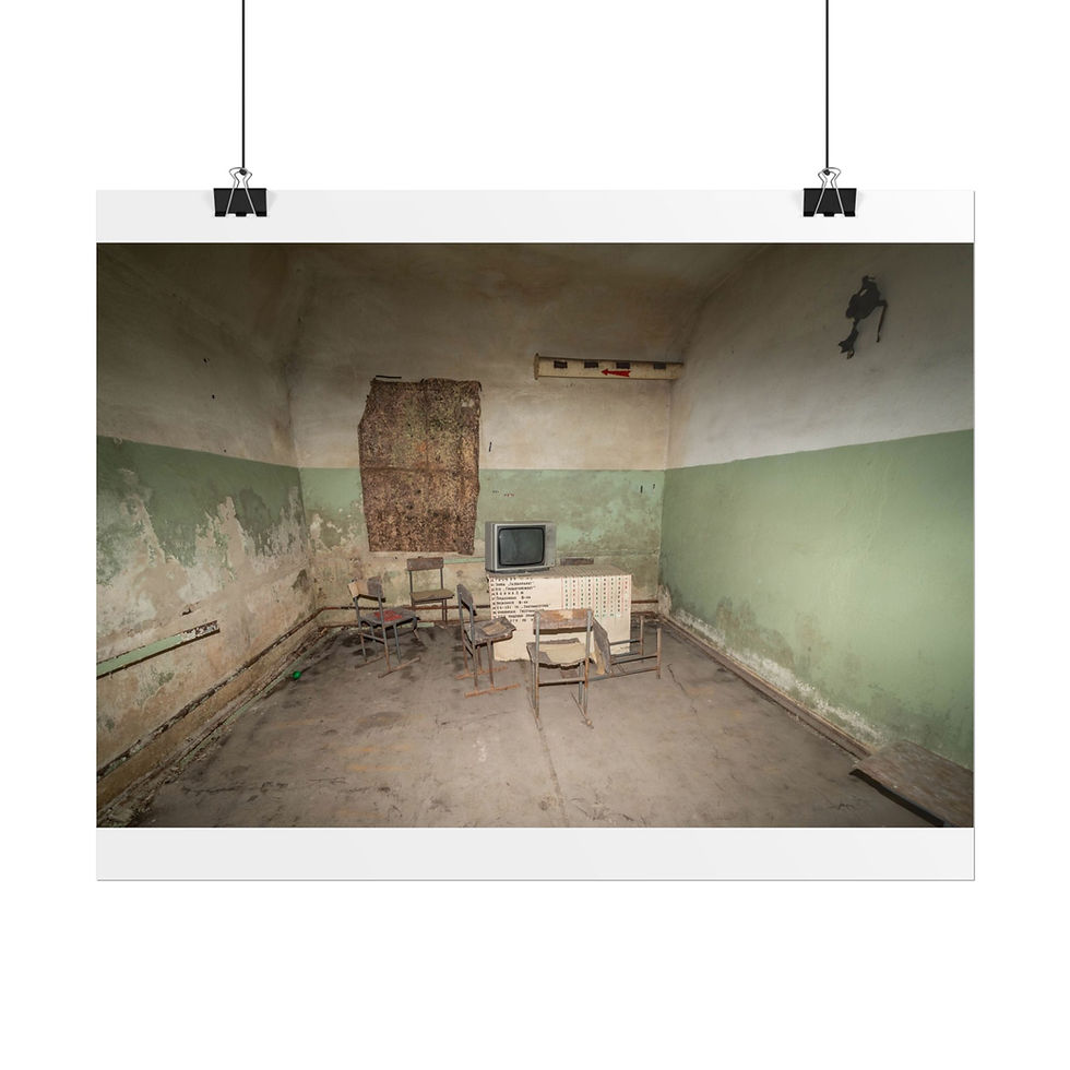 Thumbnail: Abandoned room with peeling green walls, old TV, and broken chairs.