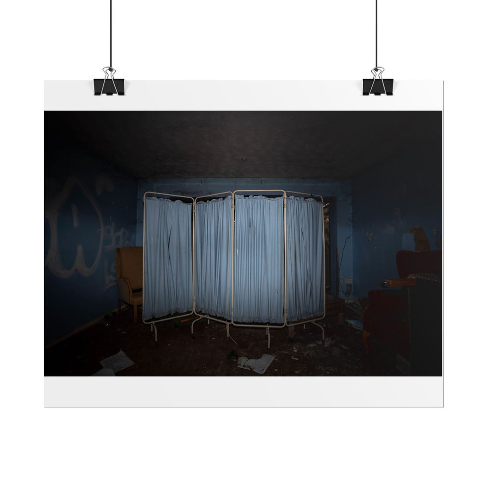 Thumbnail: Dark abandoned room, white room divider, graffiti, and floor debris.