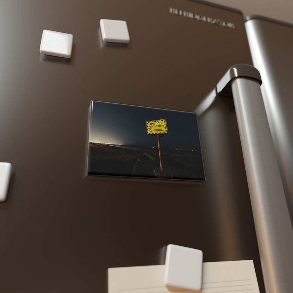 Thumbnail: Refrigerator door, white magnets, one magnet features "CAUTION" sign.