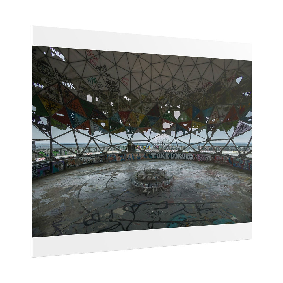 Thumbnail: Ruined Teufelsberg dome interior, graffiti-covered floor, and damaged geodesic roof panels.
