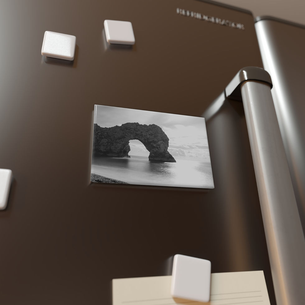 Thumbnail: Black and white photo of natural rock arch on a dark refrigerator.