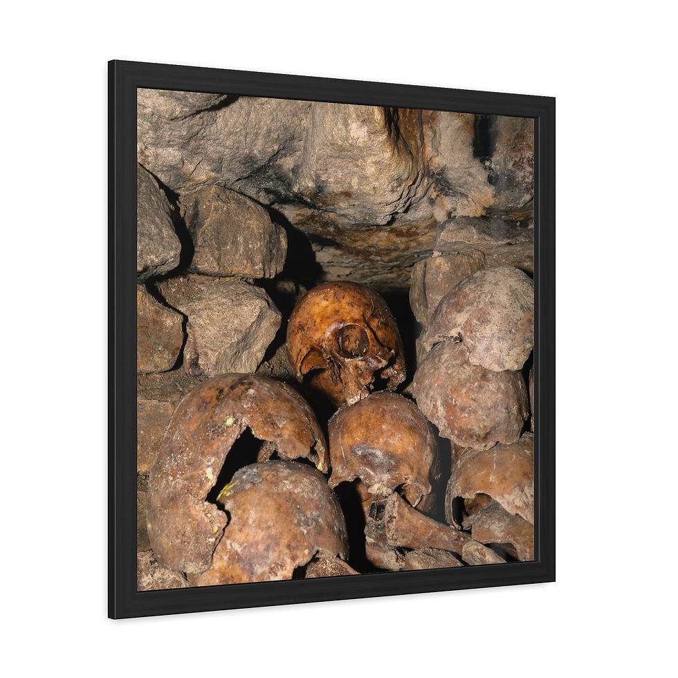 Thumbnail: Framed art of weathered human skulls and bones stacked in dark catacombs.