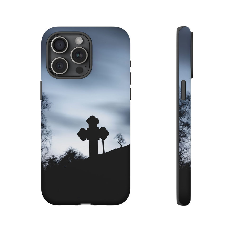 Thumbnail: Dark phone case featuring gothic cross silhouette against a cloudy sky.