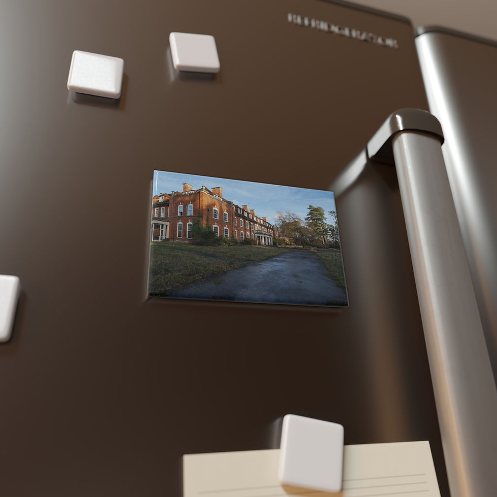 Thumbnail: Refrigerator magnet shows a large old brick building with a path.