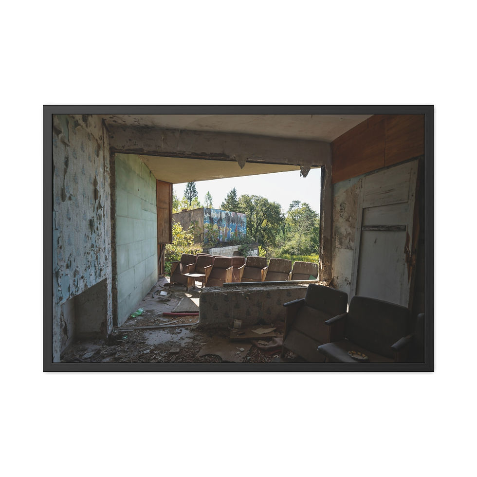 Thumbnail: Dilapidated room interior, crumbling walls, debris, overlooking an overgrown outdoor view.