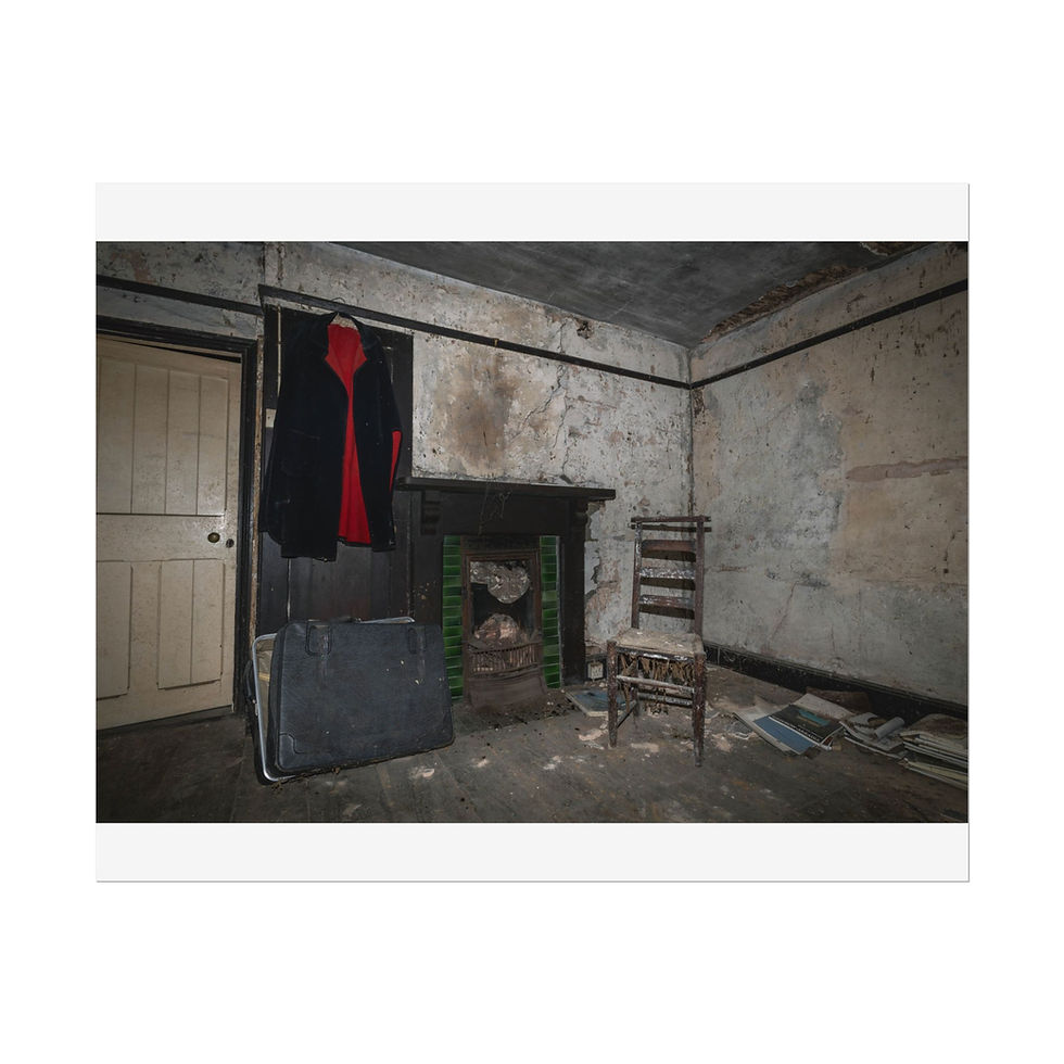 Thumbnail: Dilapidated abandoned room with fireplace, hanging coat, and old wooden chair.