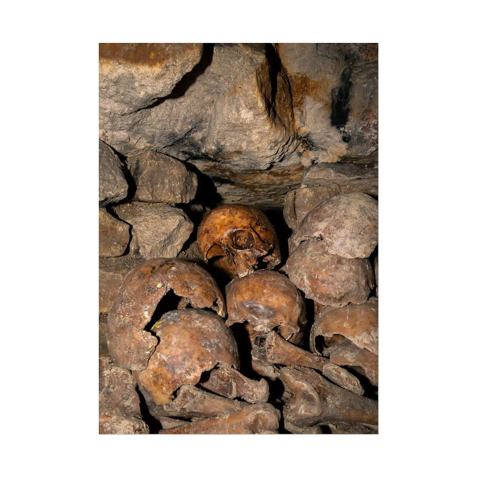 Thumbnail: Stacked human skulls and bones in a dimly lit catacomb wall.