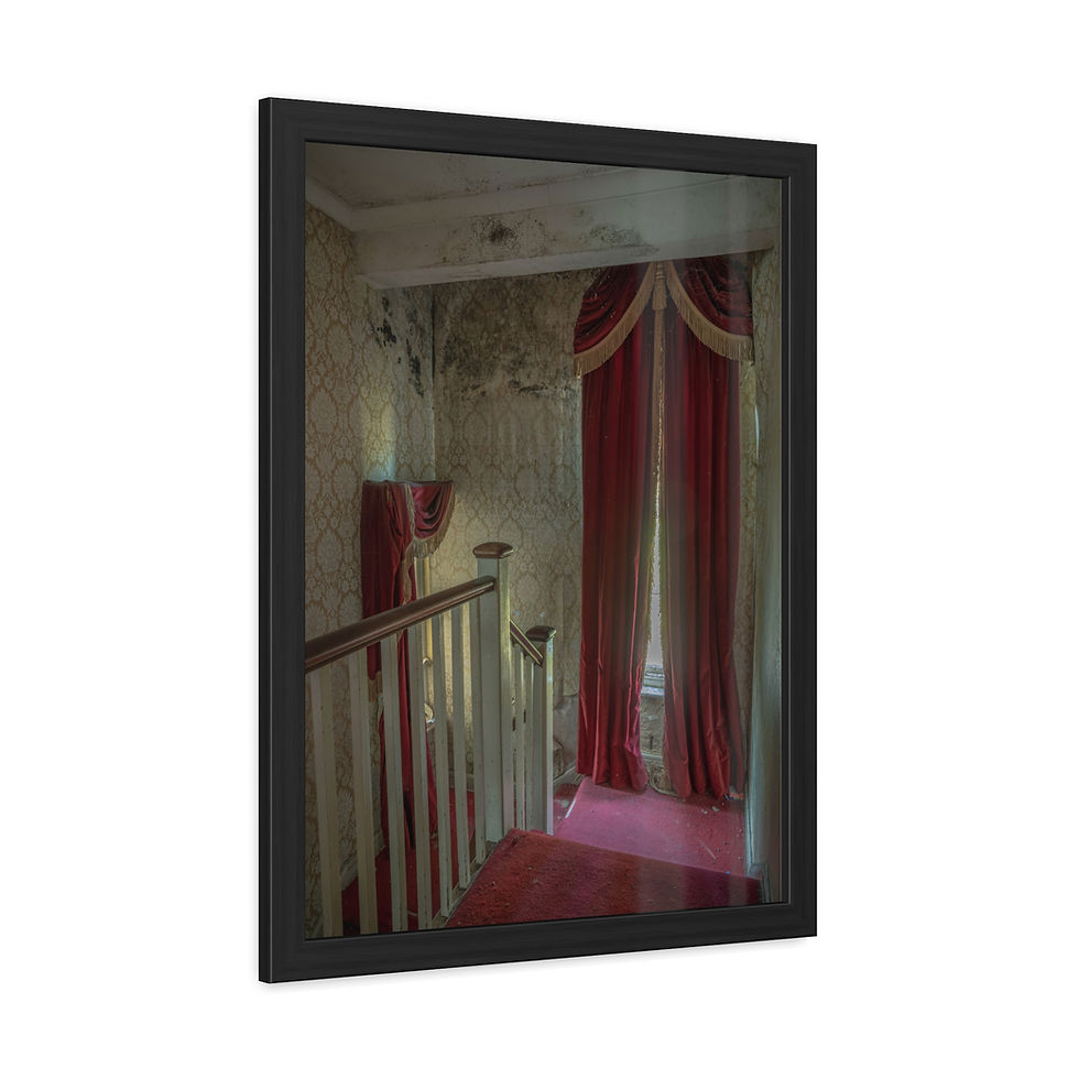 Thumbnail: Framed print of old, dilapidated interior with staircase and red curtains.