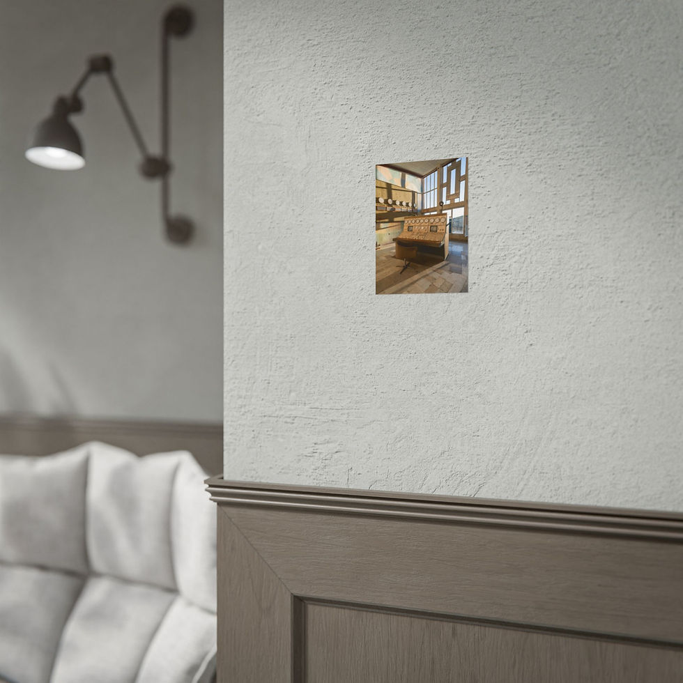 Thumbnail: Framed print of rustic interior with wooden counter on a wall.