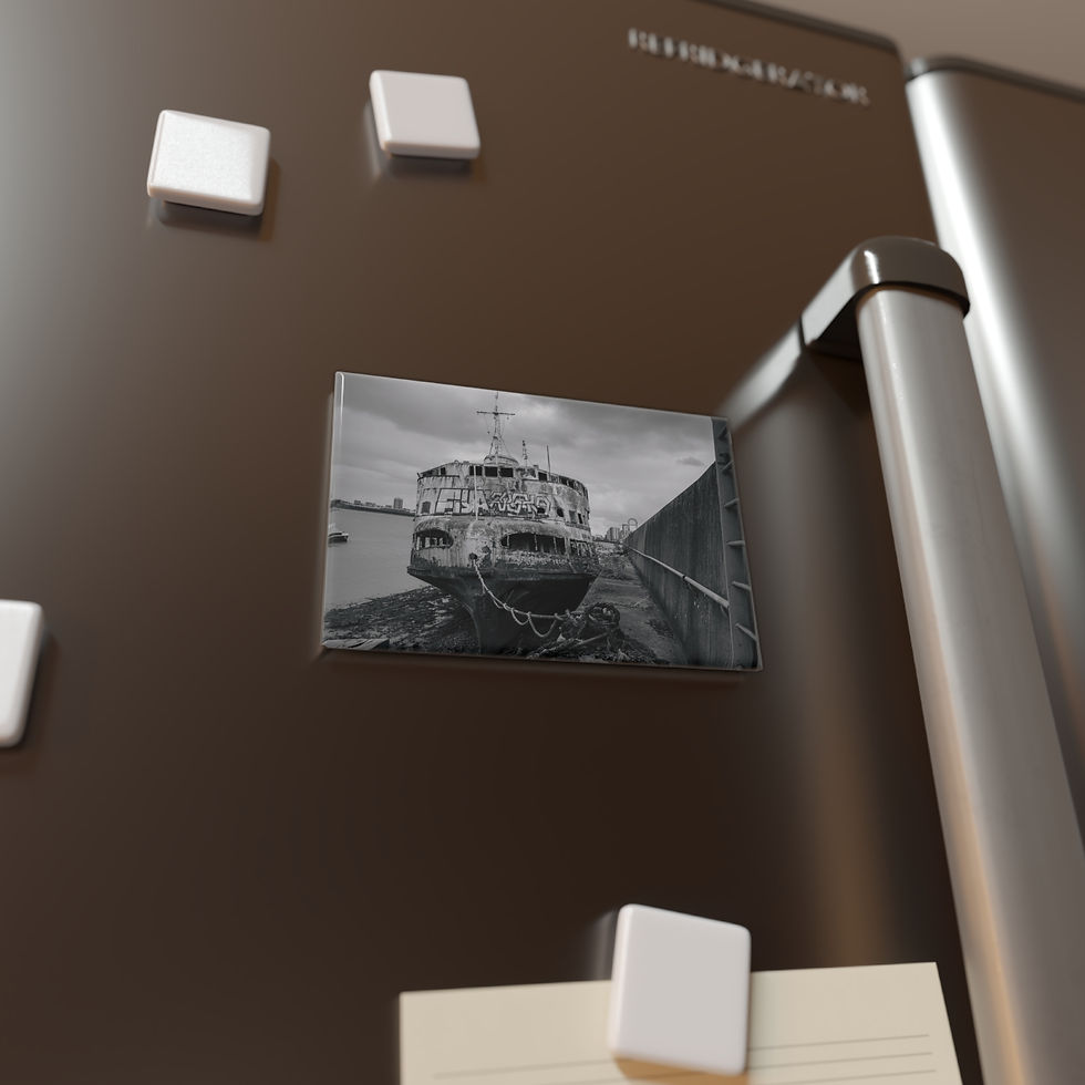 Thumbnail: Magnet on dark fridge shows black and white photo of abandoned ship.