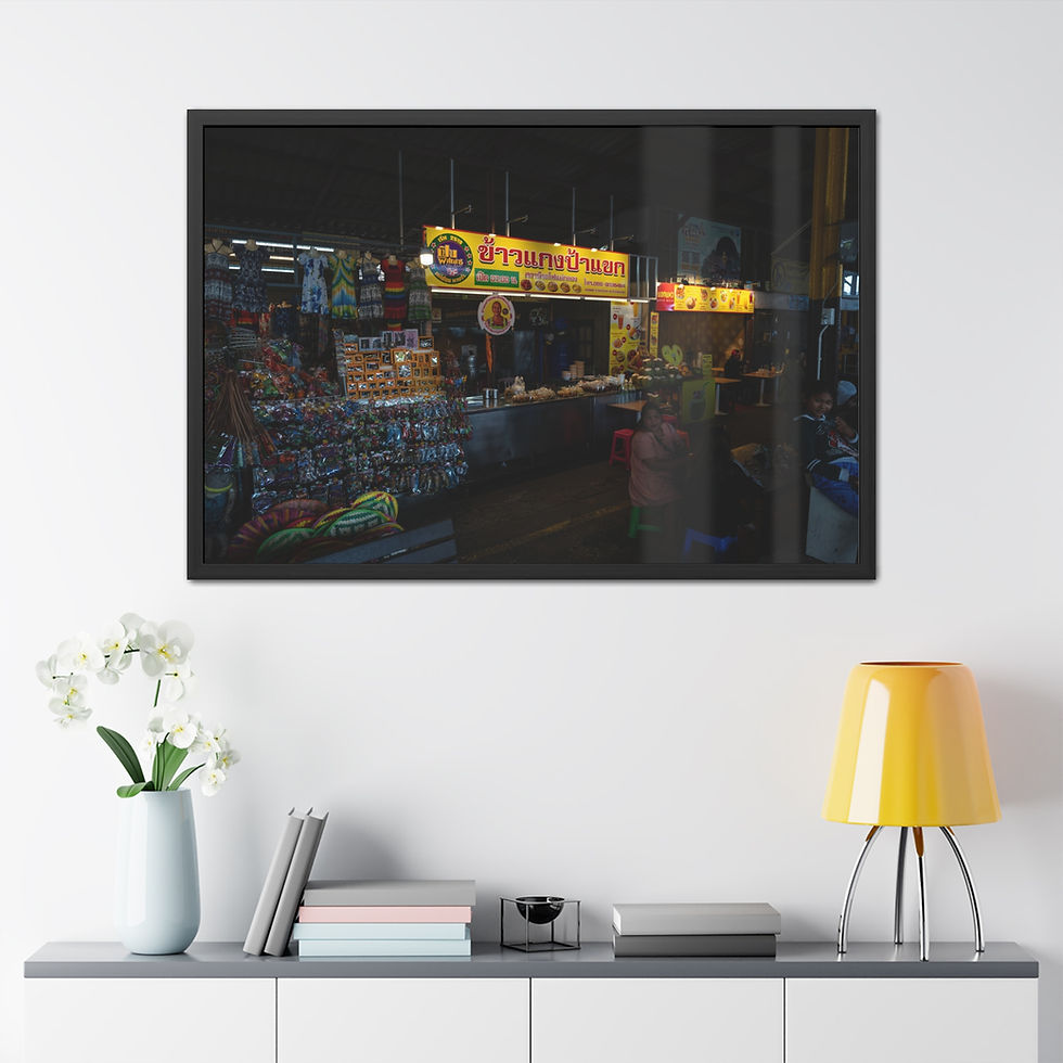 Thumbnail: Dark market stall illuminated by bright FRESH FRUIT JUICE sign.