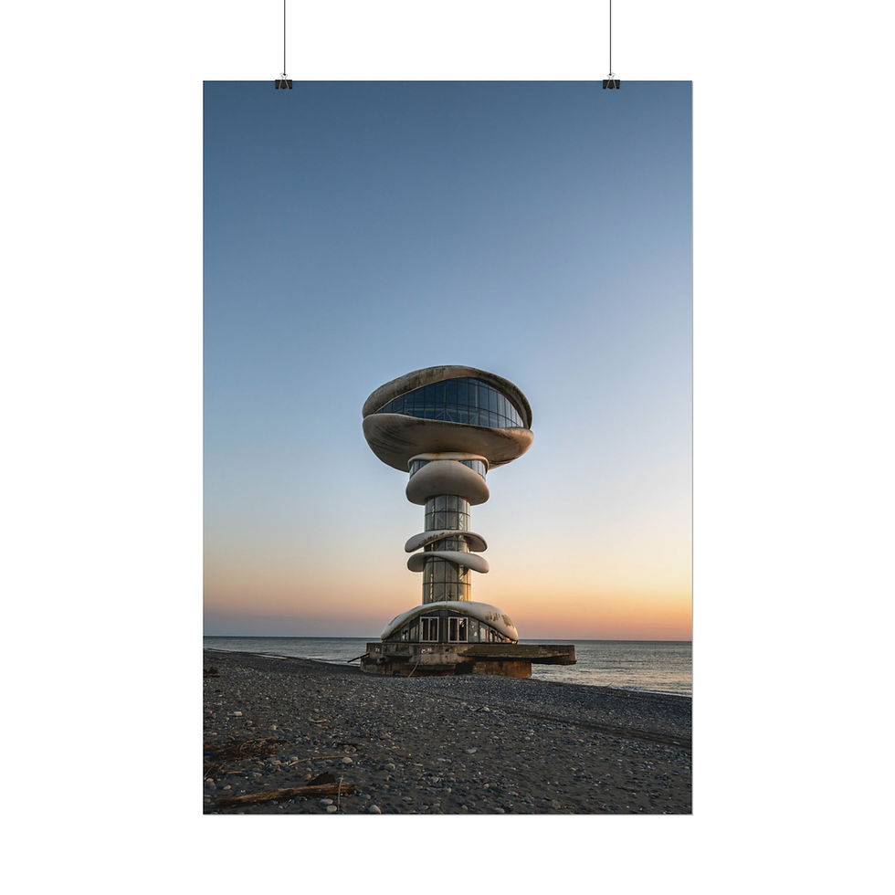 Thumbnail: Poster print of abandoned mushroom-shaped tower on Anaklia Black Sea beach at sunset.