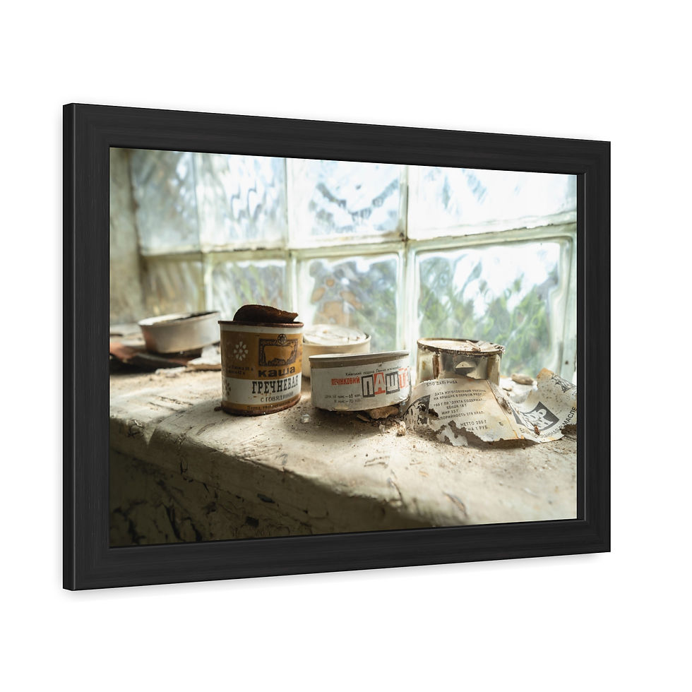 Thumbnail: Abandoned, rusty cans on a dirty windowsill next to grimy windowpanes.