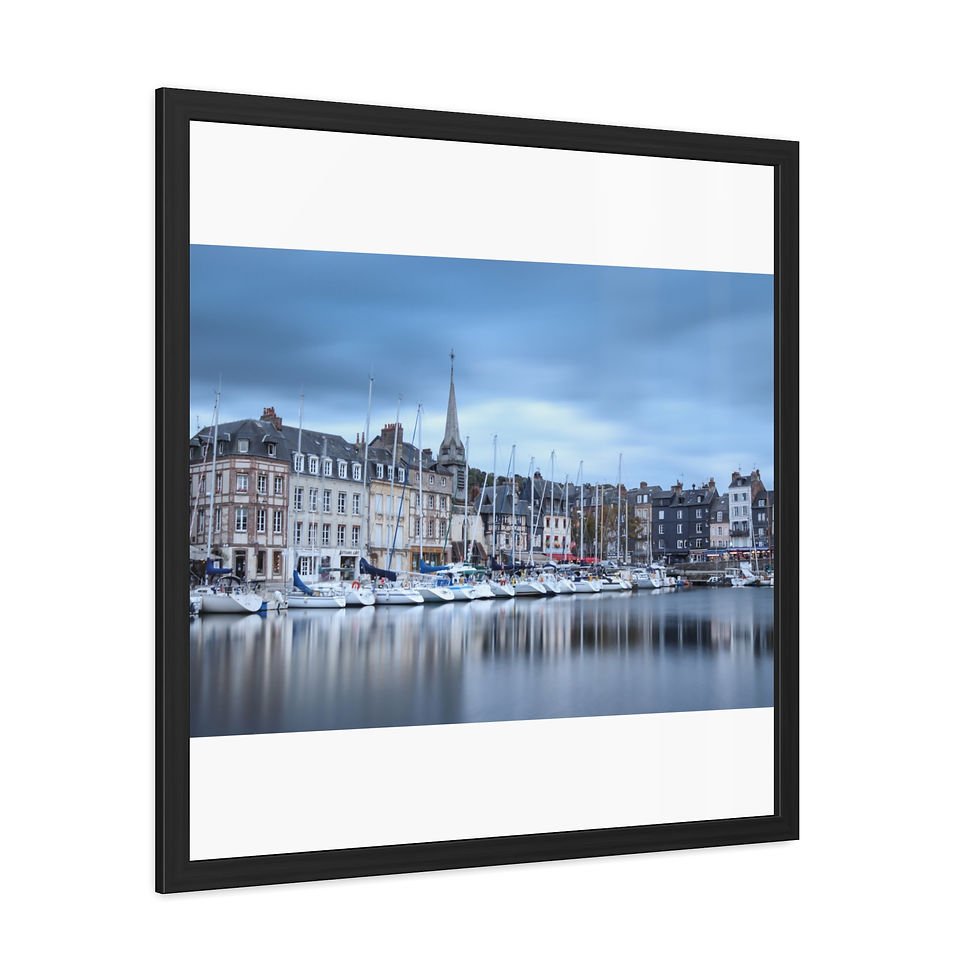 Thumbnail: Framed print showing a historic harbor town with boats and reflective water.