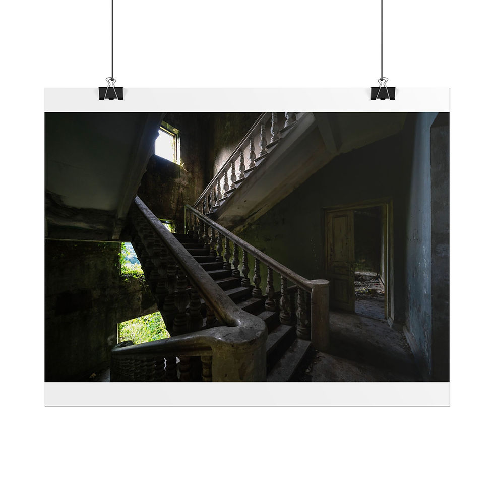 Thumbnail: Ornate, decaying staircase in a dark, abandoned mansion with window light.