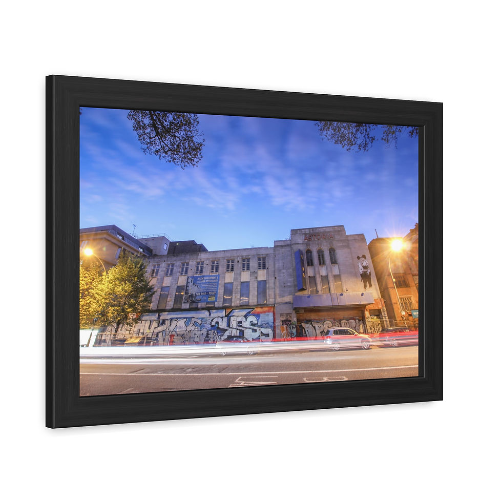 Thumbnail: Framed print of modern building at dusk with dynamic traffic light trails.
