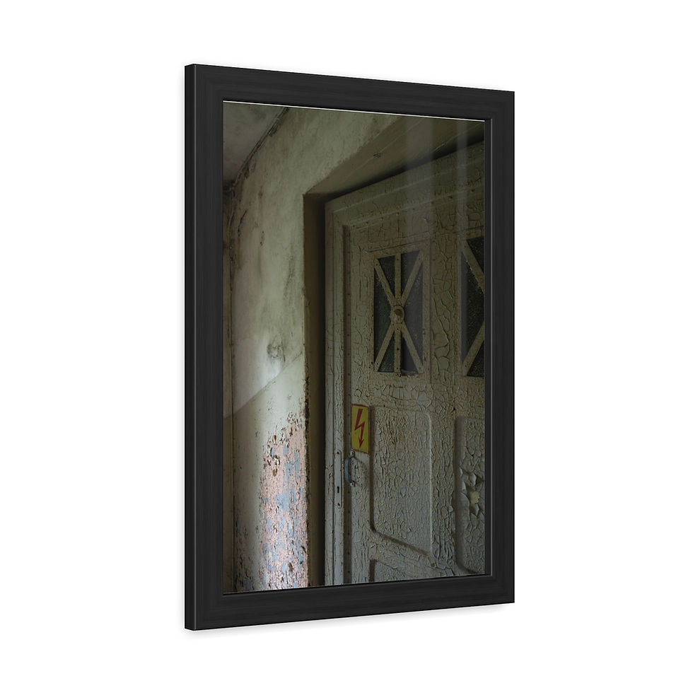 Thumbnail: Weathered old door in dark, decaying room, black framed artwork.