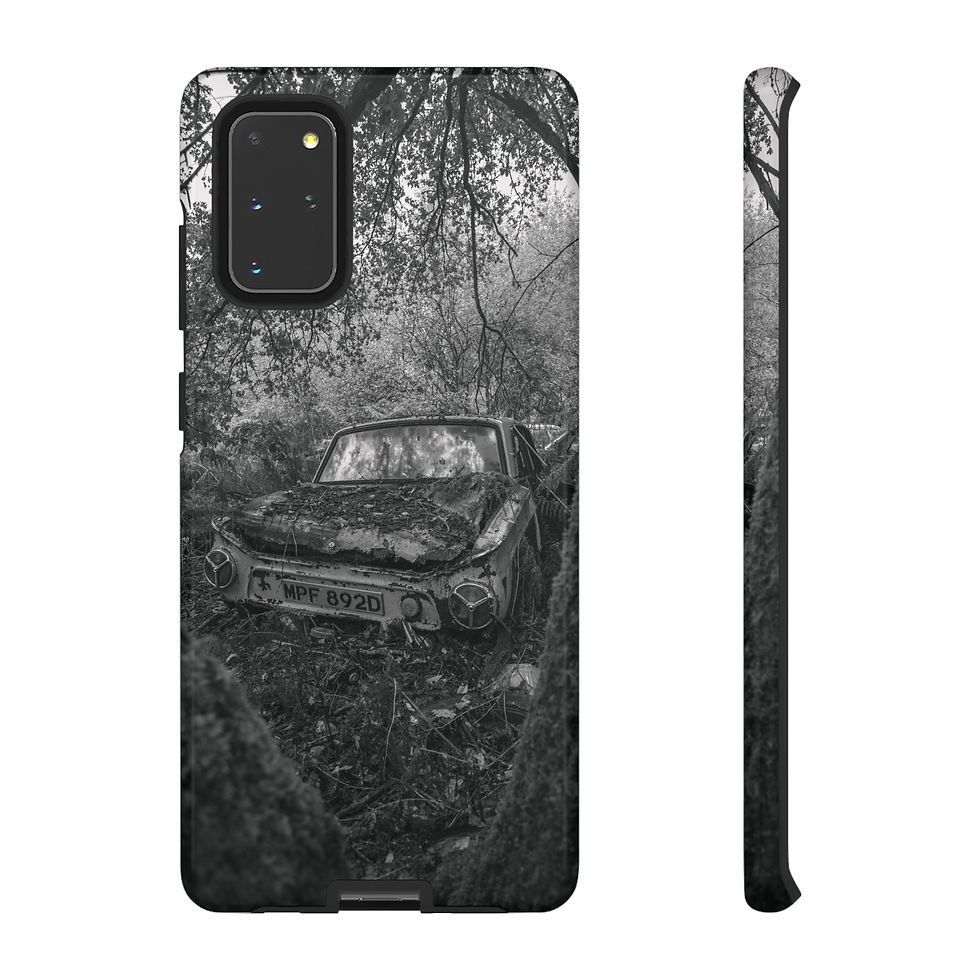 Thumbnail: Smartphone case with black and white abandoned car in overgrown forest design.