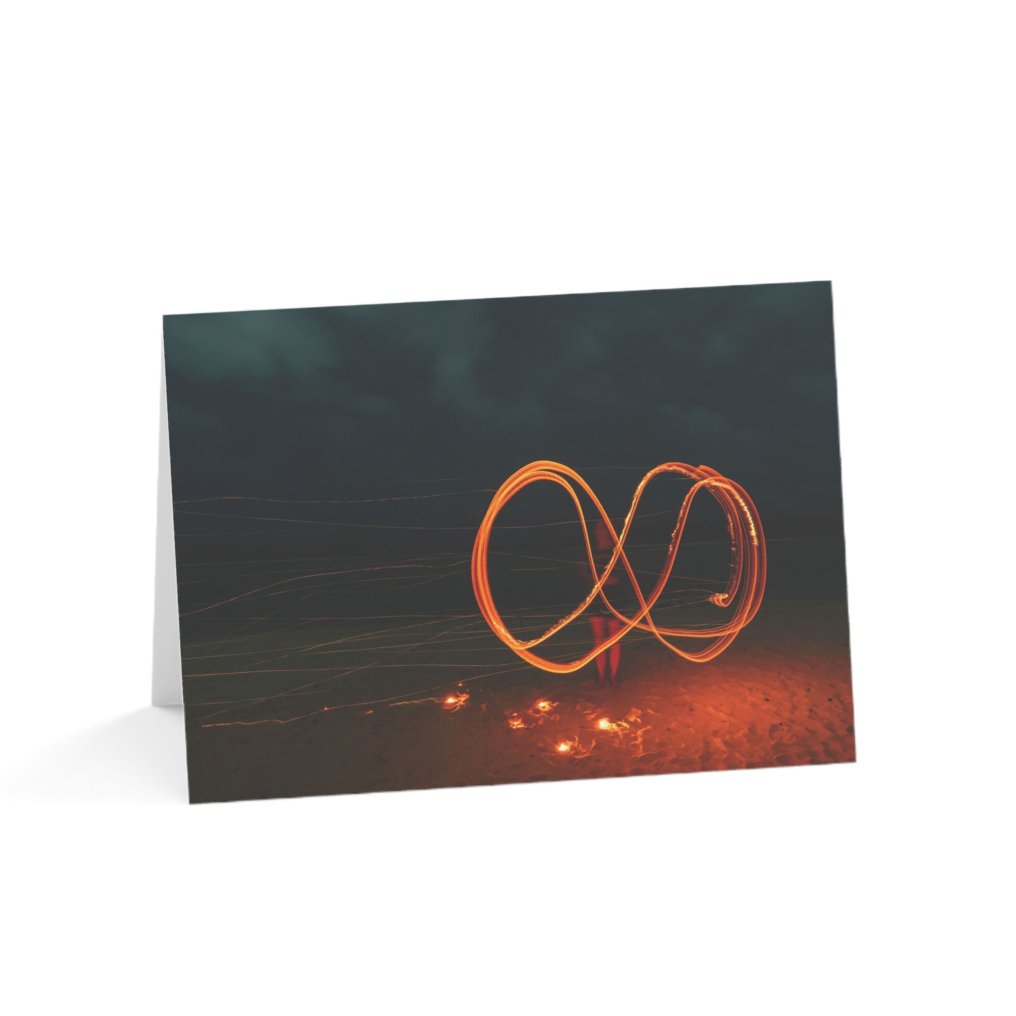 Fire Ember Light Painting at Night Time | Greeting Card - Pack of 1, 10, 30, 50