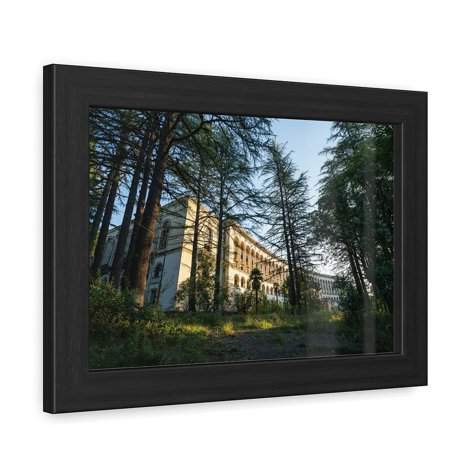 Thumbnail: Framed artwork of a large historic mansion nestled among towering trees.