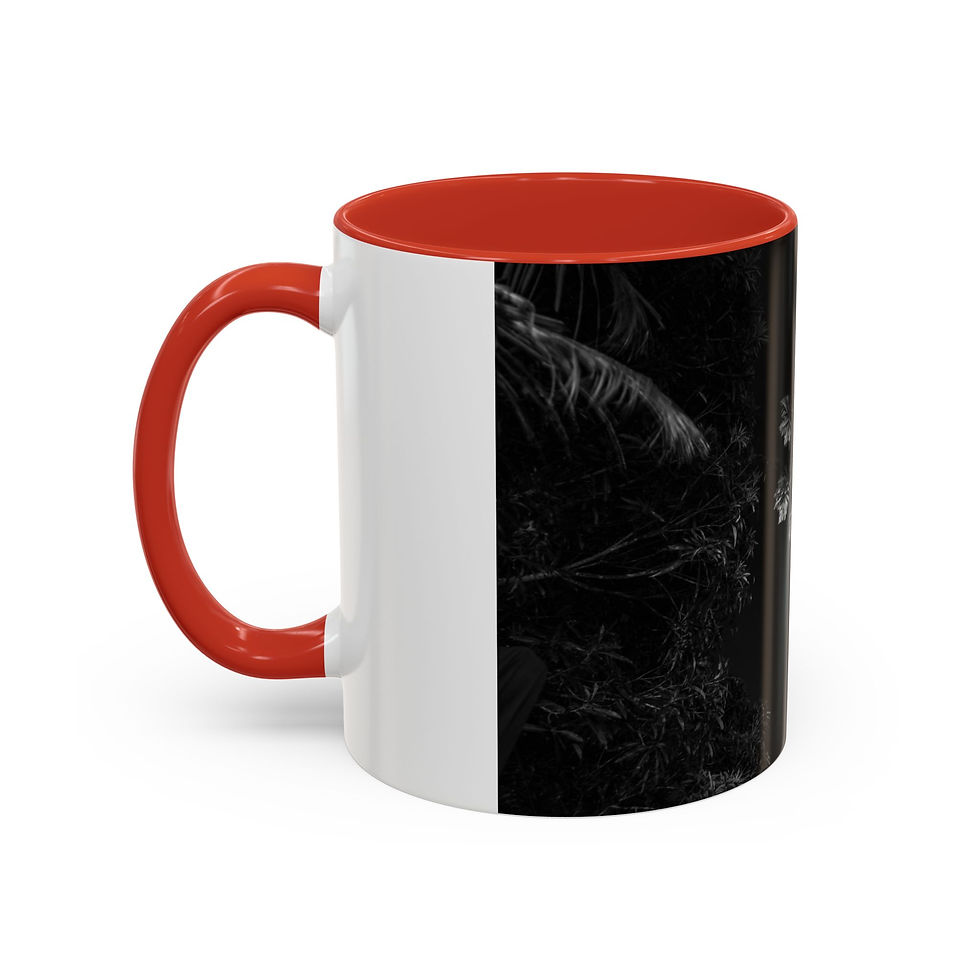 Thumbnail: White mug with red handle and dark tropical foliage print.