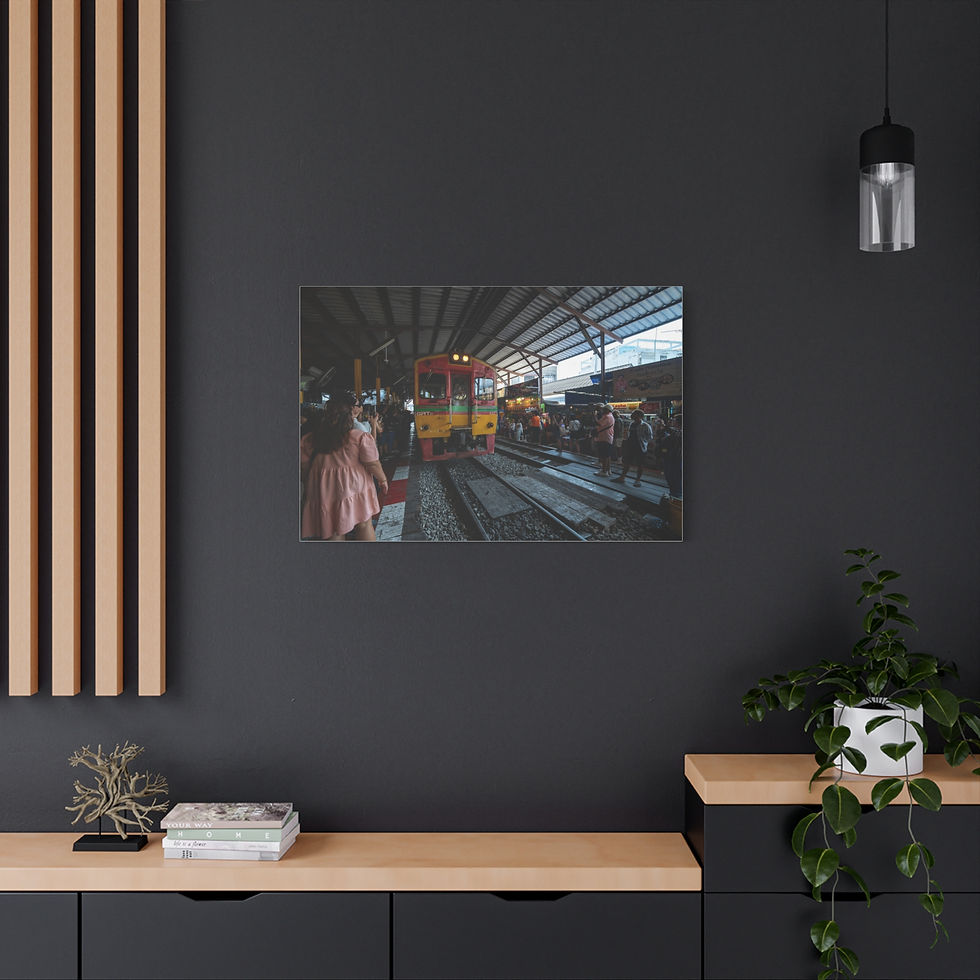 Thumbnail: Canvas Print - Maeklong Railway Market in Thailand, train passing through market.